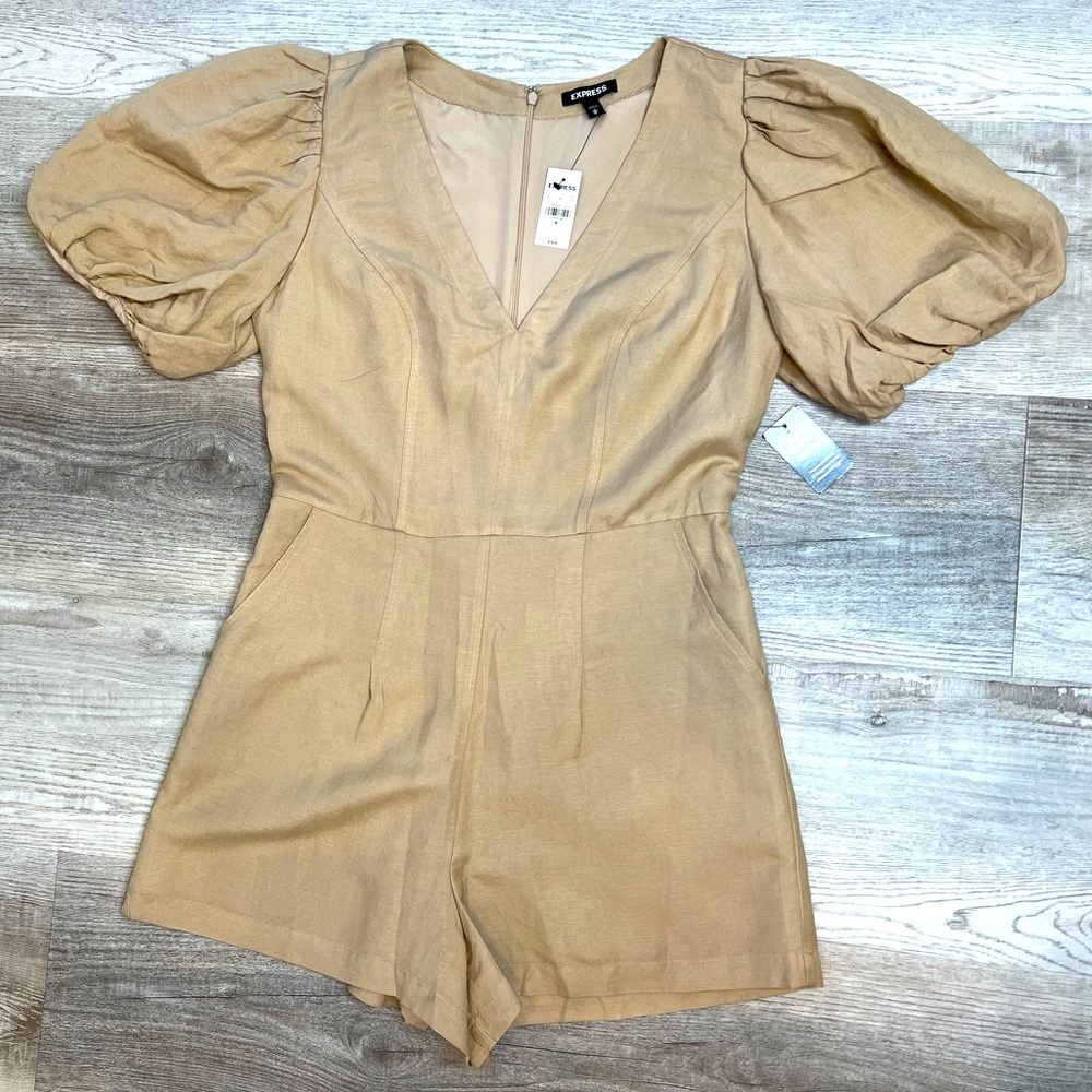 Express Puff Sleeve Romper Women’s Size M Camel Tan Linen Blend Lined NWT Zip Up